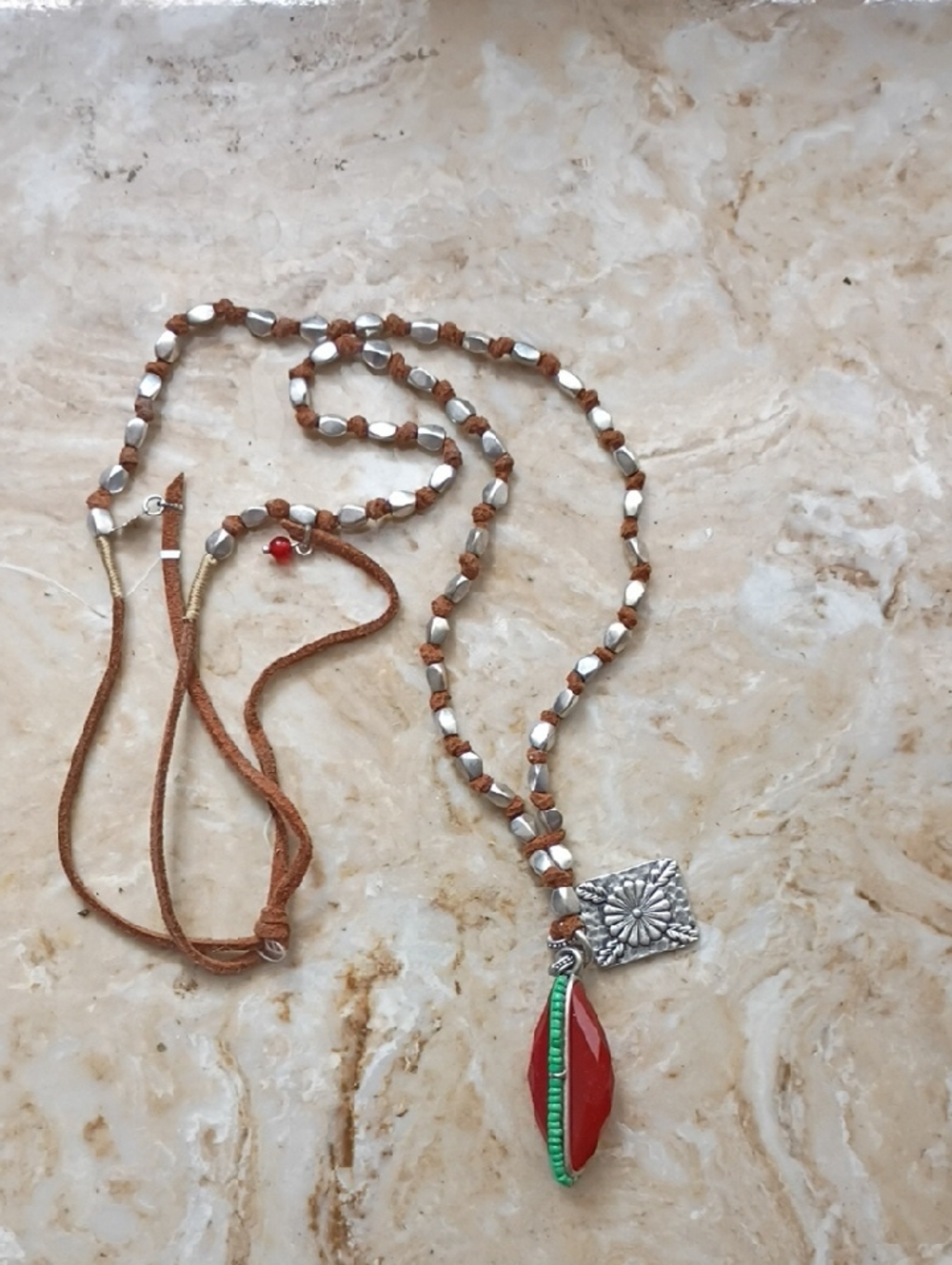 Lucky Brand Brown Beaded Necklace with Red Pendant and Silver Floral Charm